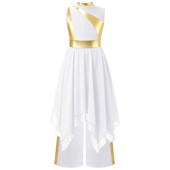Hansber Kids Girls Praise Dance Outfit Sleeveless Worship Dance Dress with Celebration of Spirit Palazzo Pants White 12
