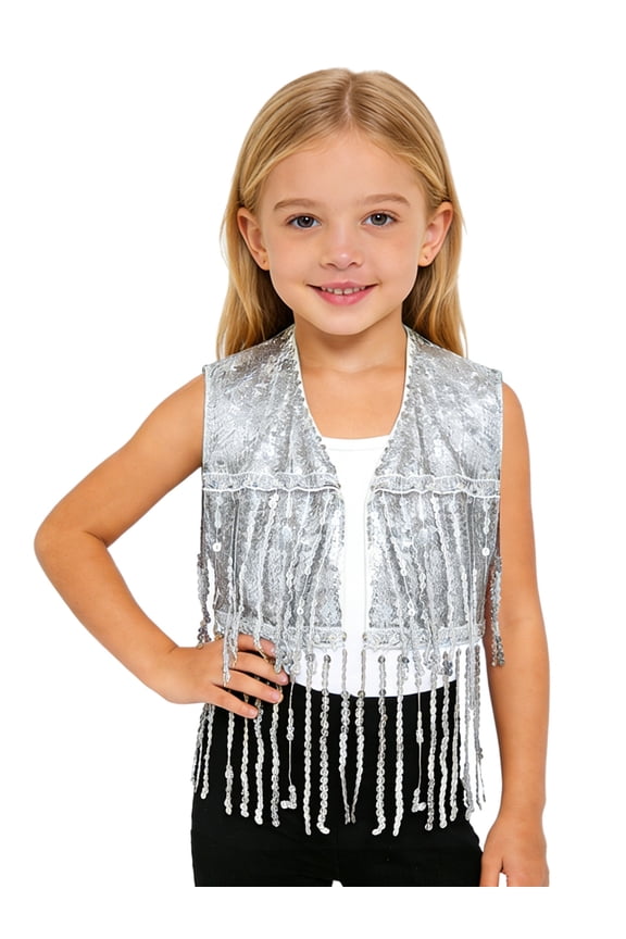 Kids Girls Sequin Jacket Sleeveless Tassel Cowgirl Vest Fringe Crop Top Open Front Cardigan Coat Silver 6