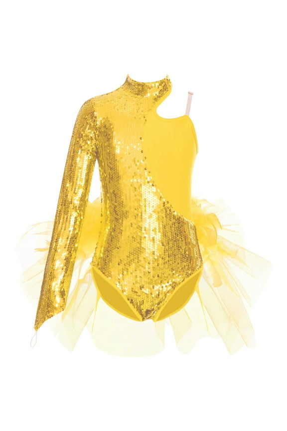 Kids Girls Sequin One Shoulder Long Sleeve Dance Dress Skirted Leotard Gymnastic Jazz Cha Cha Gold 12