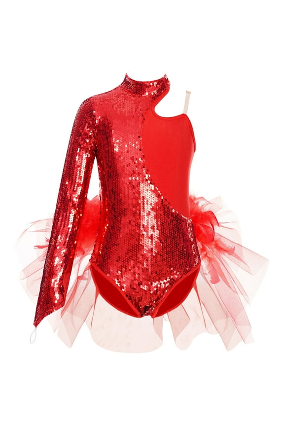 Kids Girls Sequin One Shoulder Long Sleeve Dance Dress Skirted Leotard Gymnastic Jazz Cha Cha Red 10