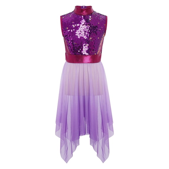 Hansber Kids Girls Sequin Sleeveless Mock Neck Liturgical Worship Praise Dance Dress Tunic Ballet Lyrical Dancewear Purple 10