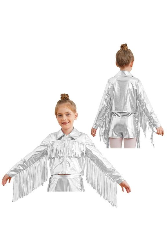 Kids Girls Sequin Tassel Bomber Jacket Zipper Hip Hop Jazz Dance Coat Tops Performance Outerwear Silver 6