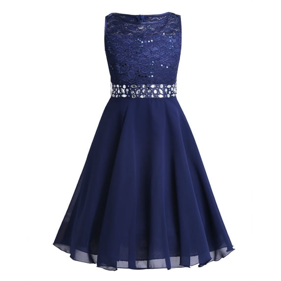 Hansber Kids Girls Sequined Lace Chiffon Sleeveless Dress Flower Girl Birthday Party Ball Gown A Navy Blue 12