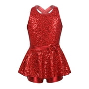 Hansber Kids Girls Sequins Ballet Jazz Latin Dance Dress Cutout Back Gymnastic Leotards Dancewear Red 8