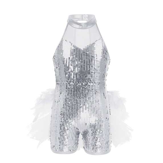 Hansber Kids Girls Sequins Ballet Shorty Unitard Modern Jazz Latin Jazz Salsa Samba Rumba Dance Costume White 6