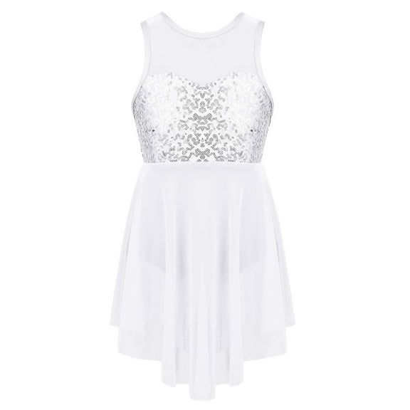 Hansber Kids Girls Sequins Criss-Cross Back Irregular Hem Ballet Modern Lyrical Dance Dress A White 10