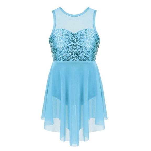 Hansber Kids Girls Sequins Criss-Cross Back Irregular Hem Ballet Modern Lyrical Dance Dress Light Blue 6