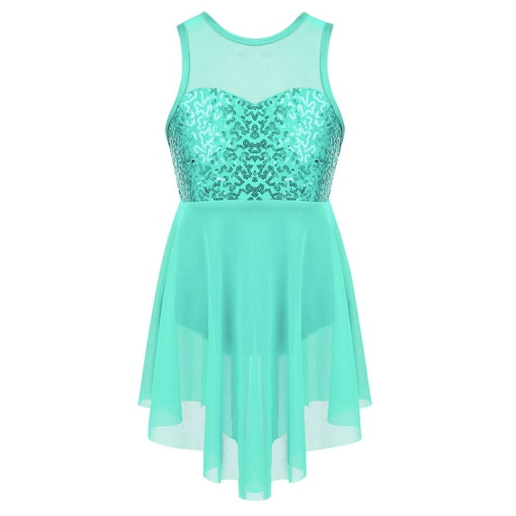 Hansber Kids Girls Sequins Criss-Cross Back Irregular Hem Ballet Modern Lyrical Dance Dress Mint Green 6