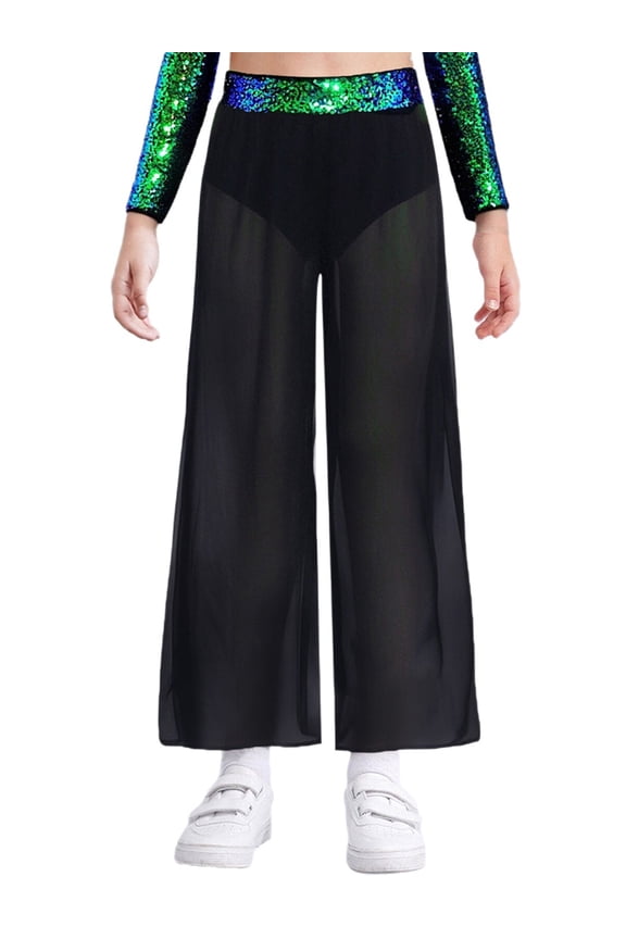 Kids Girls Sequins Jazz Dance Pants with Bult-in Briefs Flowing Chiffon Wide-Leg Ballroom Dance Trousers Green 8