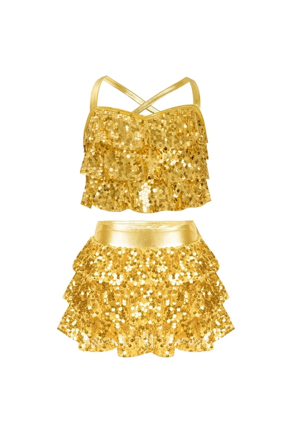 Kids Girls Sequins Jazz Latin Rumba Samba Dance Performance Outfits Crop Top with Mini Skirt Set Gold 6
