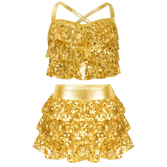 Hansber Kids Girls Sequins Jazz Latin Rumba Samba Dance Performance Outfits Crop Top with Mini Skirt Set Gold 6