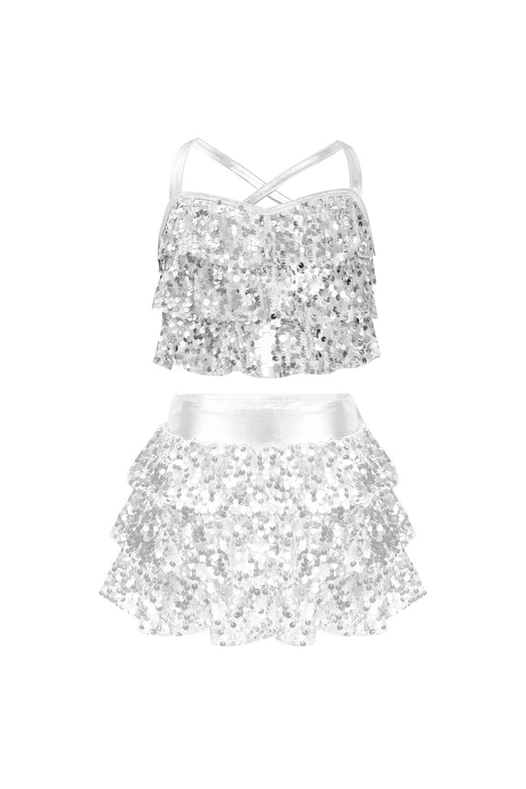 Kids Girls Sequins Jazz Latin Rumba Samba Dance Performance Outfits Crop Top with Mini Skirt Set Silver 10