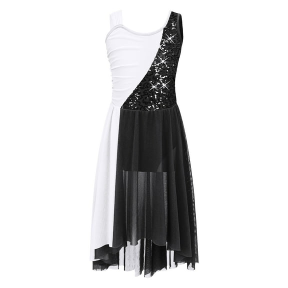 Hansber Kids Girls Sequins Lyrical Ballet Modern Dance Dress Chiffon Dance Leotard Dress for Ballroom Black 12