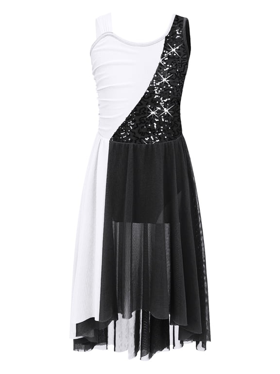Kids Girls Sequins Lyrical Ballet Modern Dance Dress Chiffon Dance Leotard Dress for Ballroom Black 12