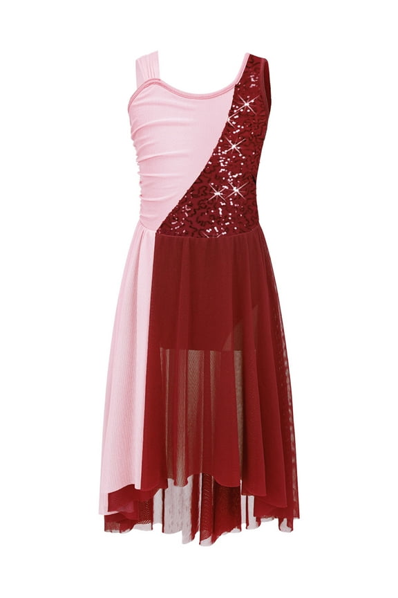 Kids Girls Sequins Lyrical Ballet Modern Dance Dress Chiffon Dance Leotard Dress for Ballroom Burgundy 6