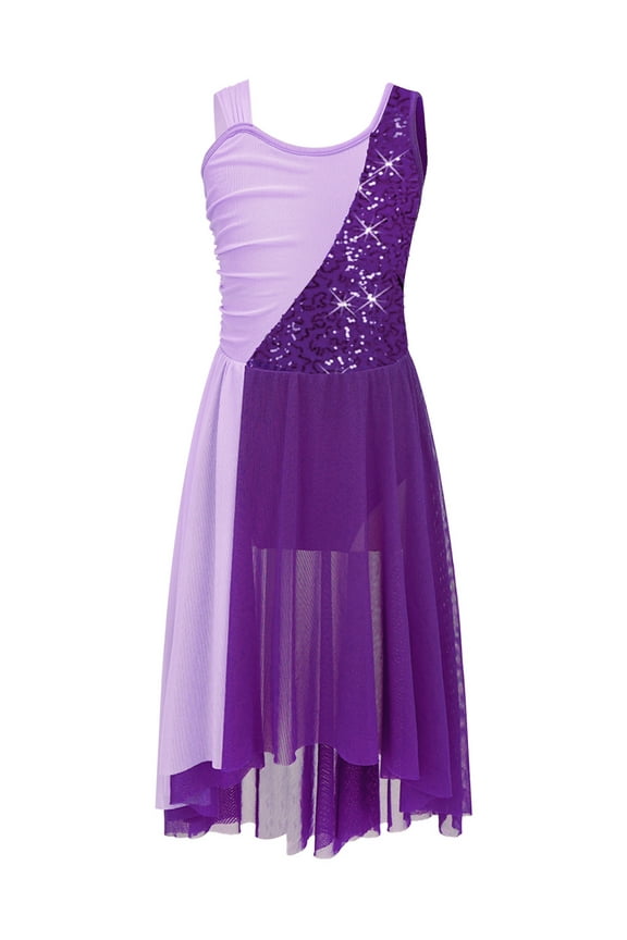 Kids Girls Sequins Lyrical Ballet Modern Dance Dress Chiffon Dance Leotard Dress for Ballroom Purple 6