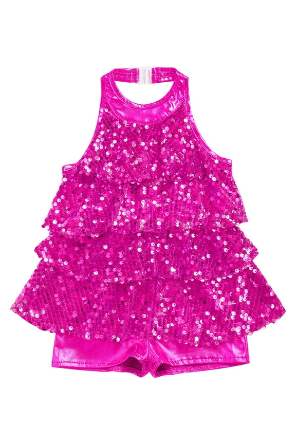 Kids Girls Sequins Modern Jazz Latin Ballet Dance Shorty Unitard Dress Stage Performance Dancewear A Rose 10