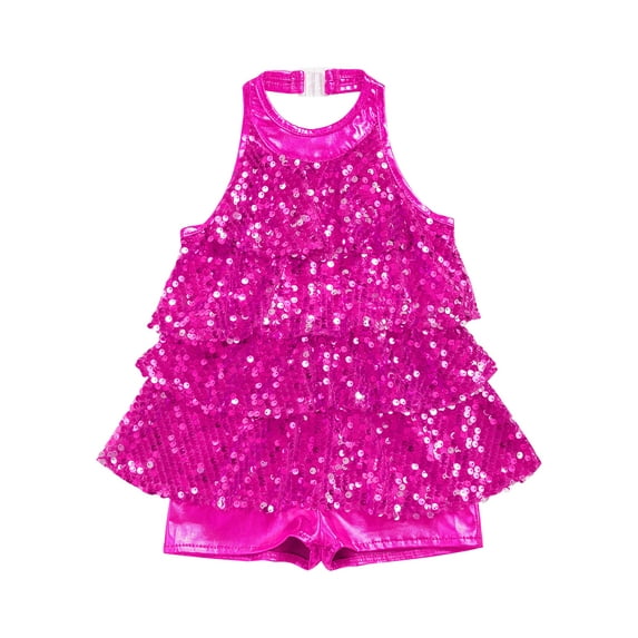 Hansber Kids Girls Sequins Modern Jazz Latin Ballet Dance Shorty Unitard Dress Stage Performance Dancewear A Rose 12