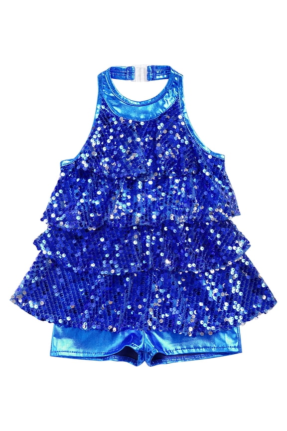 Kids Girls Sequins Modern Jazz Latin Ballet Dance Leotard Dress Stage Performance Dancewear Royal Blue 6