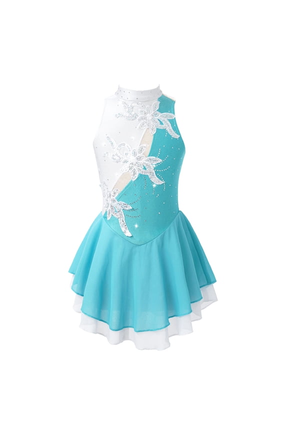 Kids Girls Shiny Floral Sleeveless Roller Figure Ice Skating Leotard Dress Ballet Dance Tutu Lake Green 14
