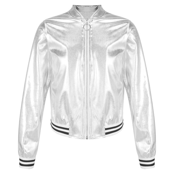 Hansber Kids Girls Shiny Hip Hop Jazz Dance Jacket Coat Stand Collar Long Sleeve Zipper Outerwear Silver 16