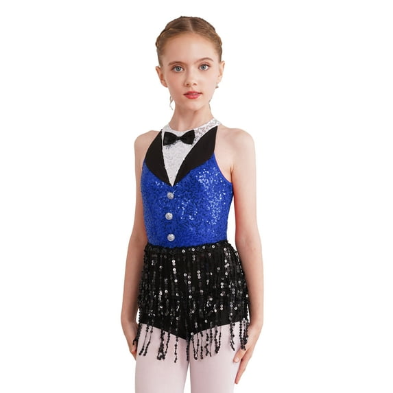 Hansber Kids Girls Latin Jazz Salsa Dance Dress Leotards Shiny Ballet Bodysuit with Fringe Tassel Skirts Blue 12