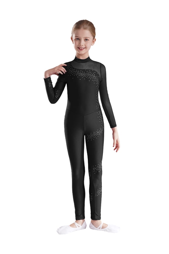 Kids Girls Shiny Long Sleeve Full Body Ballet Dance Gymnastics Leotard Romper Unitard Black 6