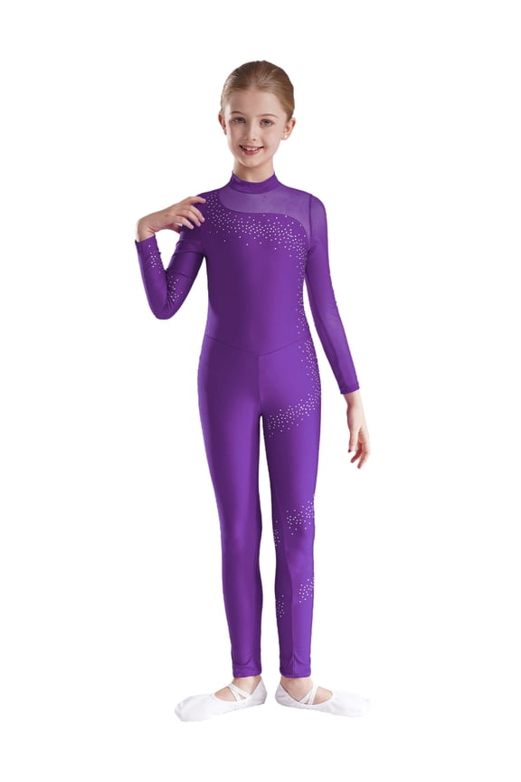 Kids Girls Shiny Long Sleeve Full Body Ballet Dance Gymnastics Leotard Romper Unitard Purple 8