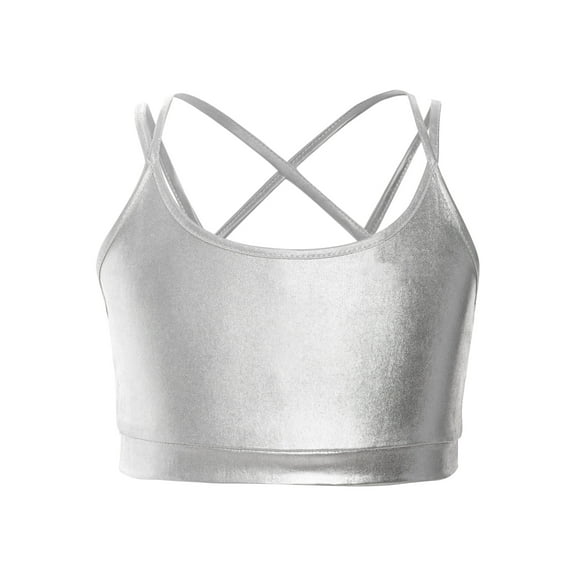 Hansber Kids Girls Shiny Metallic Camisole Crisscross Strappy Back Crop Tops Modern Dance Vest Silver 8