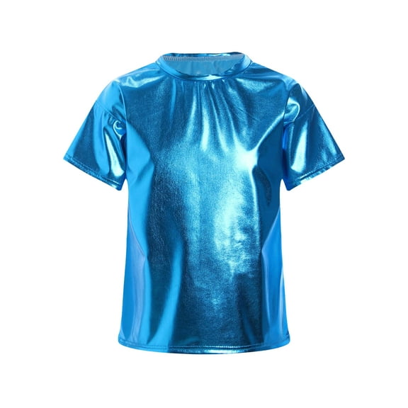 Hansber Kids Girls Shiny Metallic Crop Tops Dancewear Short Sleeves Dancing Shirts for Hip Hop Modern Jazz Blue 120
