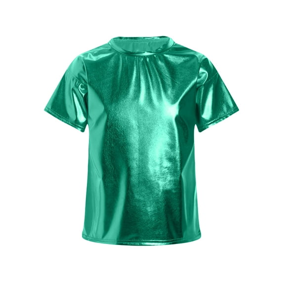 Hansber Kids Girls Shiny Metallic Crop Tops Dancewear Short Sleeves Dancing Shirts for Hip Hop Modern Jazz Green 120