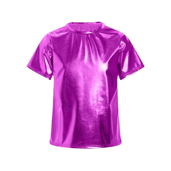 Hansber Kids Girls Shiny Metallic Crop Tops Dancewear Short Sleeves Dancing Shirts for Hip Hop Modern Jazz Purple 130