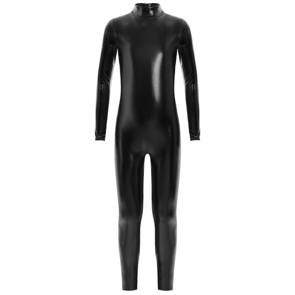 Hansber Kids Girls Shiny Metallic Dance Unitard One Piece Wet Look Bodysuit Long Sleeve Full Length Jumpsuit Black S/120