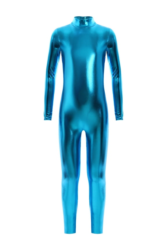 Kids Girls Shiny Metallic Dance Unitard One Piece Wet Look Bodysuit Long Sleeve Full Length Jumpsuit Blue XL/150