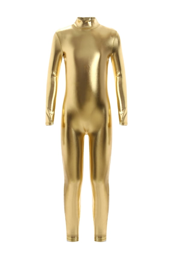 Kids Girls Shiny Metallic Dance Unitard One Piece Wet Look Bodysuit Long Sleeve Full Length Jumpsuit Gold XS/115