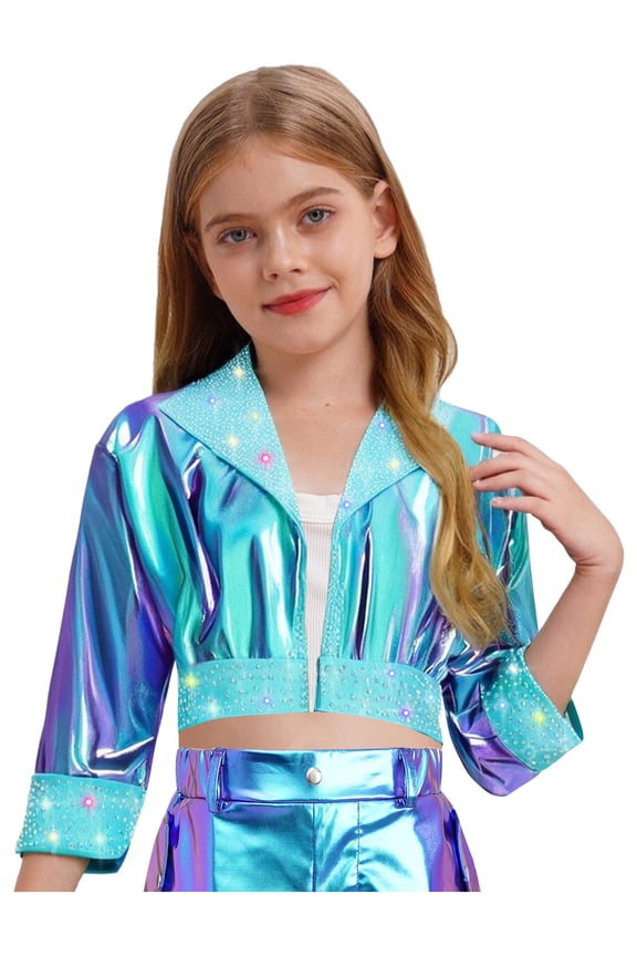 Kids Girls Shiny Metallic Long Sleeve Jacket Hip Hop Jazz Dance Crop Top Rave Party Festival Coat Outerwear Blue 14