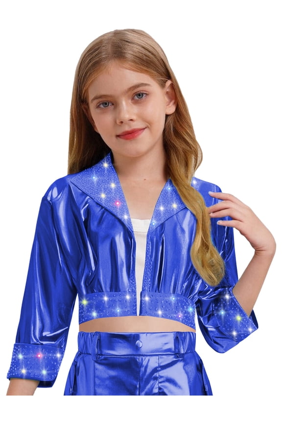 Kids Girls Shiny Metallic Long Sleeve Jacket Hip Hop Jazz Dance Crop Top Rave Party Festival Coat Outerwear Royal Blue 16