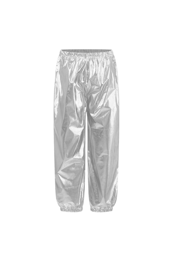 Kids Girls Shiny Metallic Modern Jazz Hip Hop Street Dance Harem Pants Gymnastics Athletic Silver 160