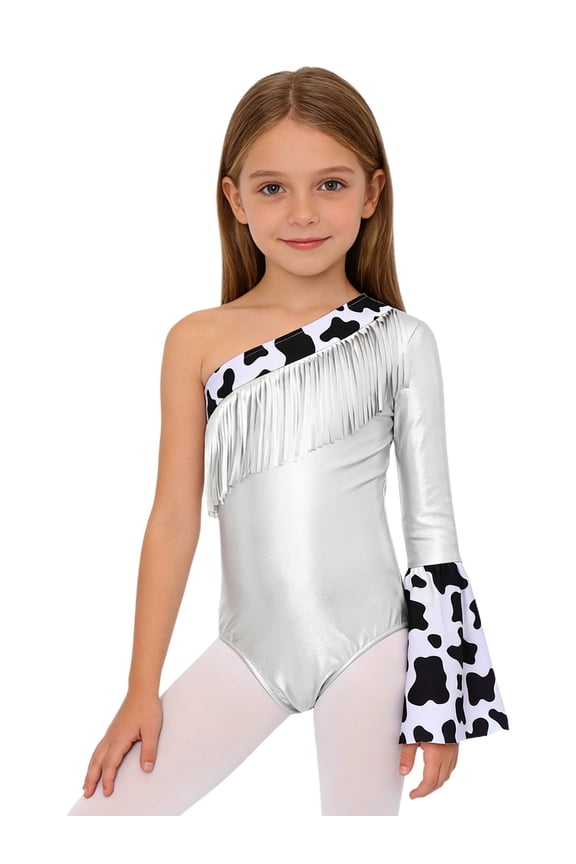 Kids Girls Shiny Metallic One Shoulder Tassels Cow Print Flared Sleeves Gymnastics Leotard for Dance Performance Silver 8