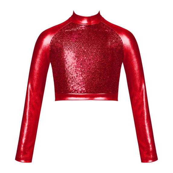 Hansber Kids Girls Shiny Metallic Turtleneck Long Sleeve T-shirt Sequins Dance Crop Top for Modern Red 16