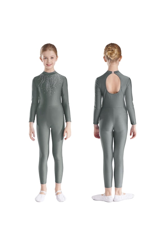 Kids Girls Shiny Rhinestone Full Body Unitard Gymnastics Leotard Long Sleeve Figure Skating Jumpsuit Gray 16