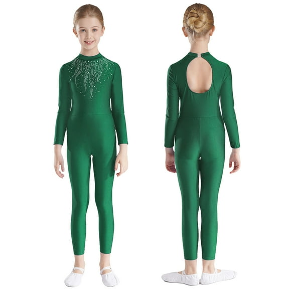 Hansber Kids Girls Shiny Rhinestone Full Body Unitard Gymnastics Leotard Long Sleeve Figure Skating Jumpsuit Green 10