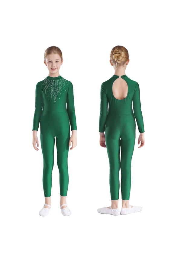 Kids Girls Shiny Rhinestone Full Body Unitard Gymnastics Leotard Long Sleeve Figure Skating Jumpsuit Green 8