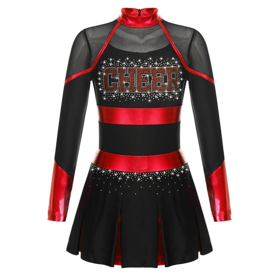 Hansber Kids Girls Shiny Rhinestone Letter Print Long Sleeve Cheerleading Uniform Dance Dress Black&Red 12