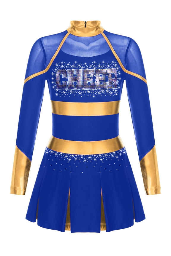 Kids Girls Shiny Rhinestone Letter Print Long Sleeve Cheerleading Uniform Dance Dress Blue 6