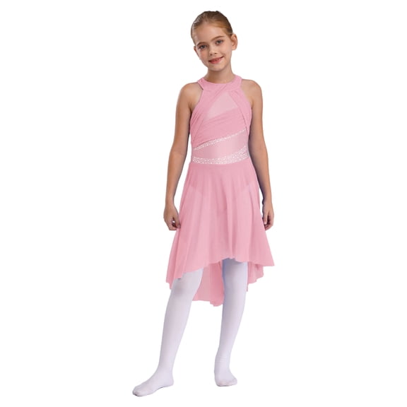 Hansber Kids Girls Shiny Rhinestone Sleeveless Lyrical Ballet Leotard Tulle Skirt Modern Contemporary Pink 12