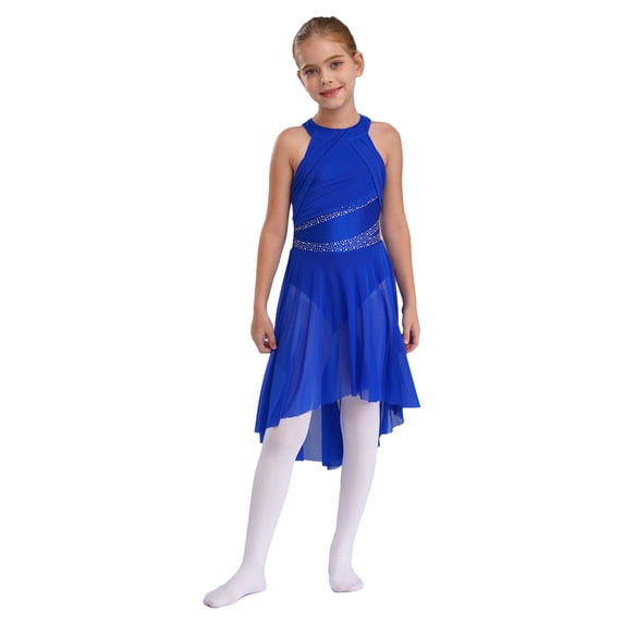 Hansber Kids Girls Shiny Rhinestone Sleeveless Lyrical Ballet Leotard Tulle Skirt Modern Contemporary Royal Blue 10