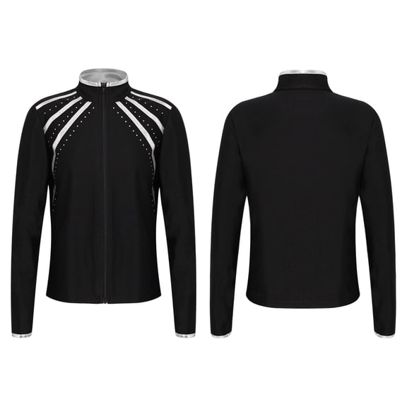 Hansber Kids Girls Shiny Rhinestones Metallic Striped Long Sleeve Sport Tops Stand Collar Zipper Silver 8