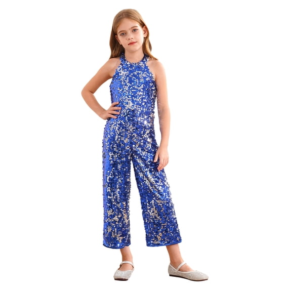 Hansber Kids Girls Shiny Sequins Jumpsuit Halter Neck Sleeveless Wedding Evening Pageant Party Rompers Royal Blue 8