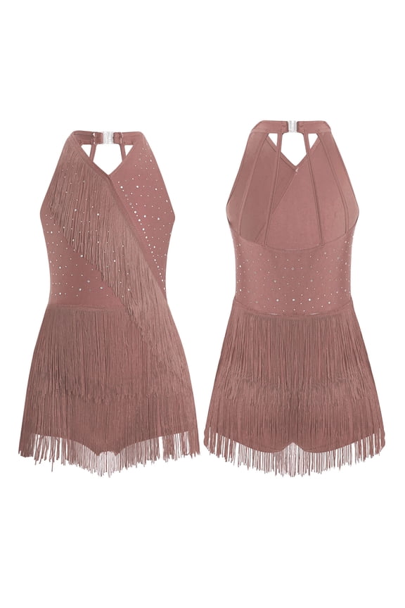 Kids Girls Shiny Tassel Latin Dance Costumes Jazz Dance Tops Bodysuit Sequin Fringe Leotard Dusty Pink 16
